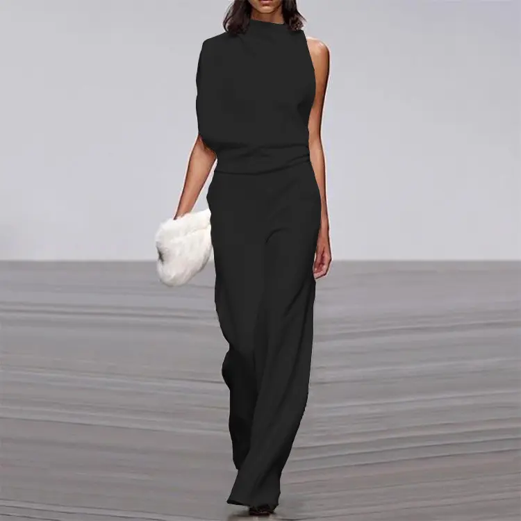 Women's Jumpsuit Sleeveless One Shoulder Backless High Waist Wide Leg Playsuits Rompers Solid Color Office Lady 2024