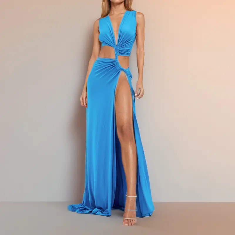 Dress 2025 Spring European and American Women's Fashion Hollow Knot Split V-neck Sleeveless pleated Irregular Dress