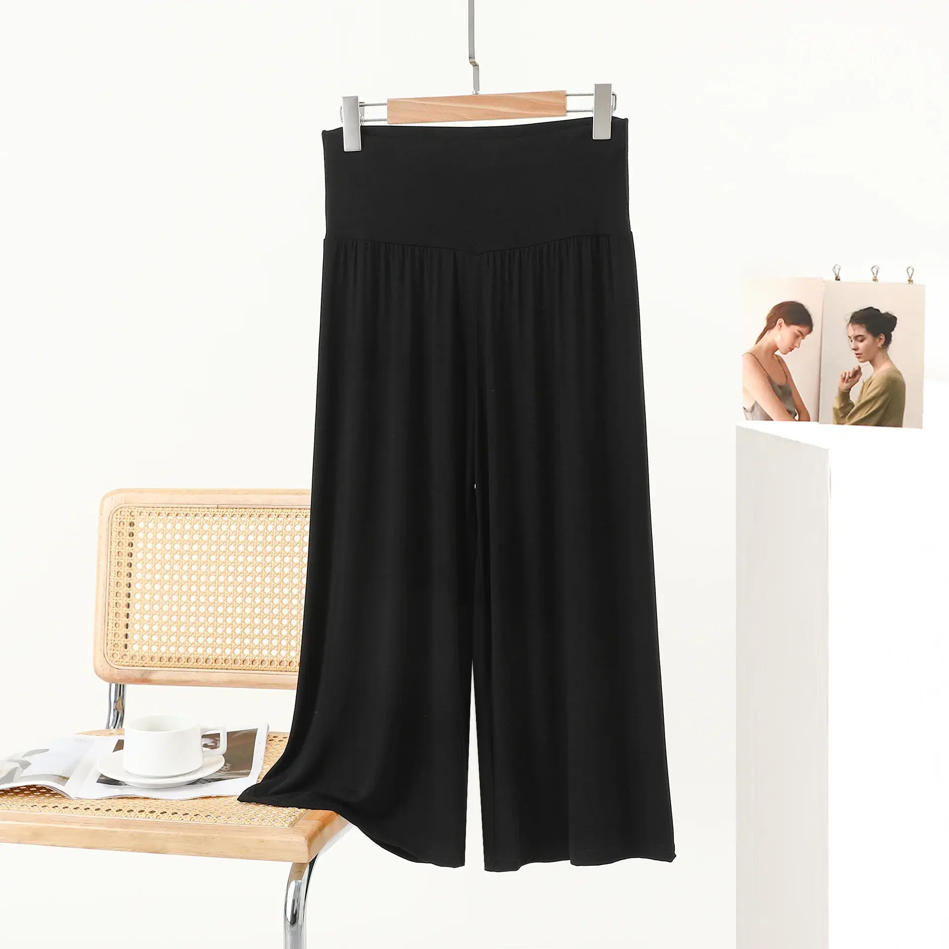 Summer Modal Plus Size Loose Wide Leg Pants, Korean Style High Waisted Slimming Cropped Casual Flowy Trousers
