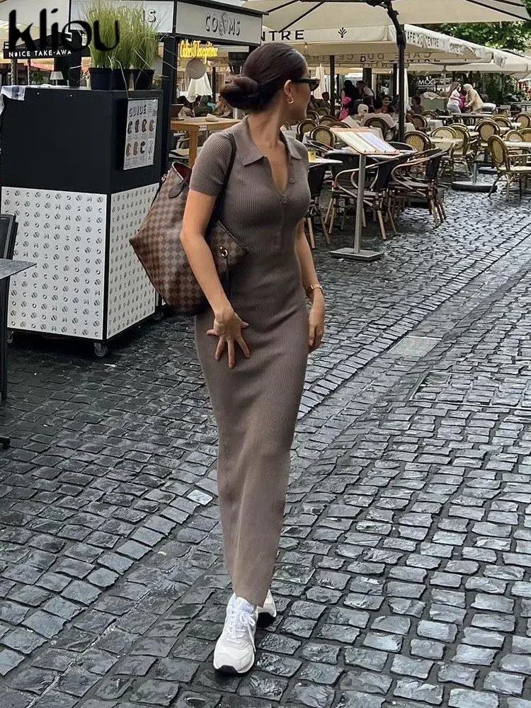 Elegant Office Lady Dress Women Solid Fashion Turn-down Collar Short Sleeve Button Side Slit Body-Shaping Street Robe