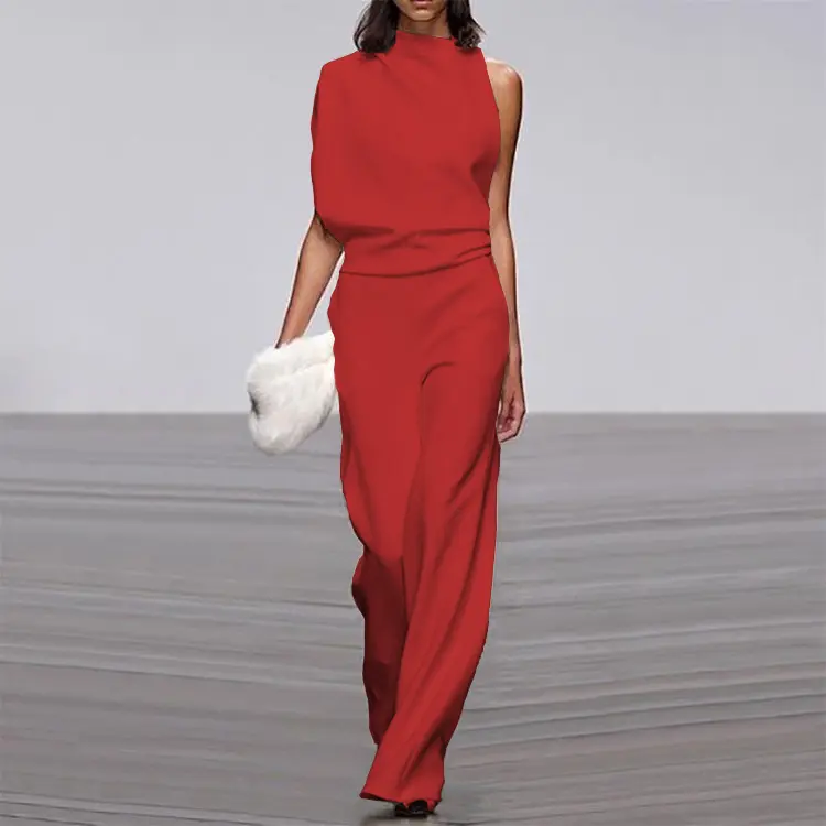 Women's Jumpsuit Sleeveless One Shoulder Backless High Waist Wide Leg Playsuits Rompers Solid Color Office Lady 2024