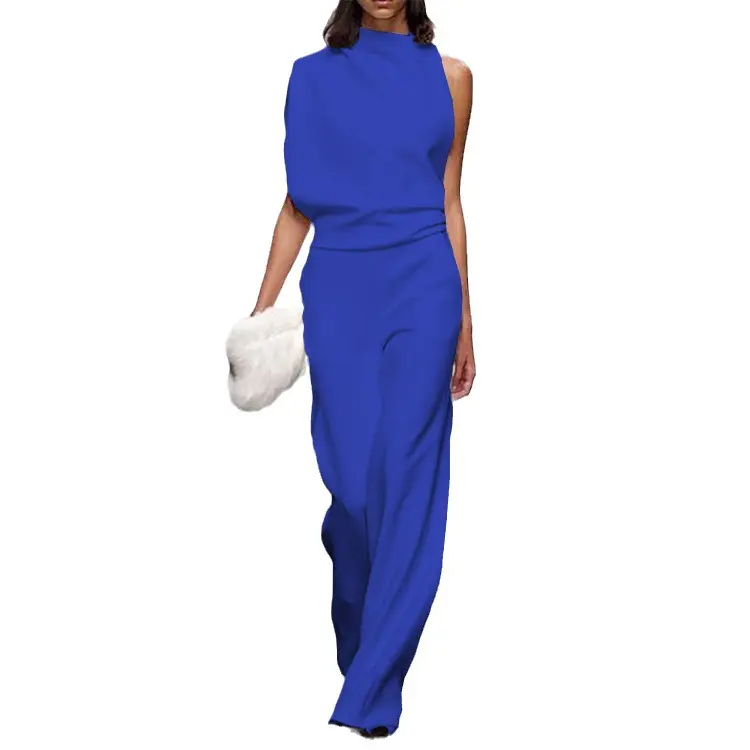 Women's Jumpsuit Sleeveless One Shoulder Backless High Waist Wide Leg Playsuits Rompers Solid Color Office Lady 2024