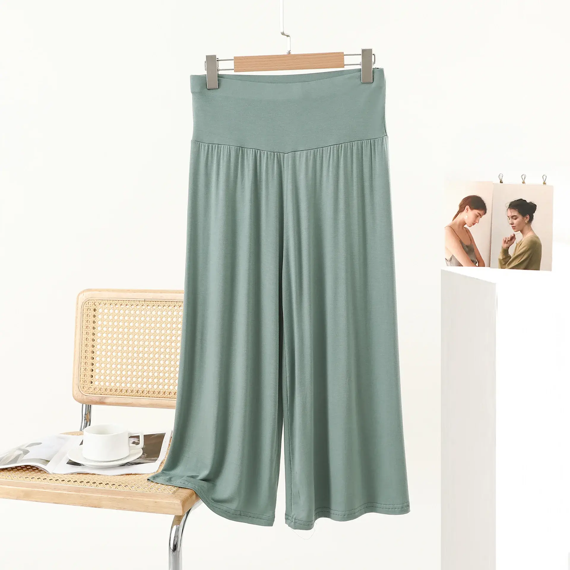 Summer Modal Plus Size Loose Wide Leg Pants, Korean Style High Waisted Slimming Cropped Casual Flowy Trousers