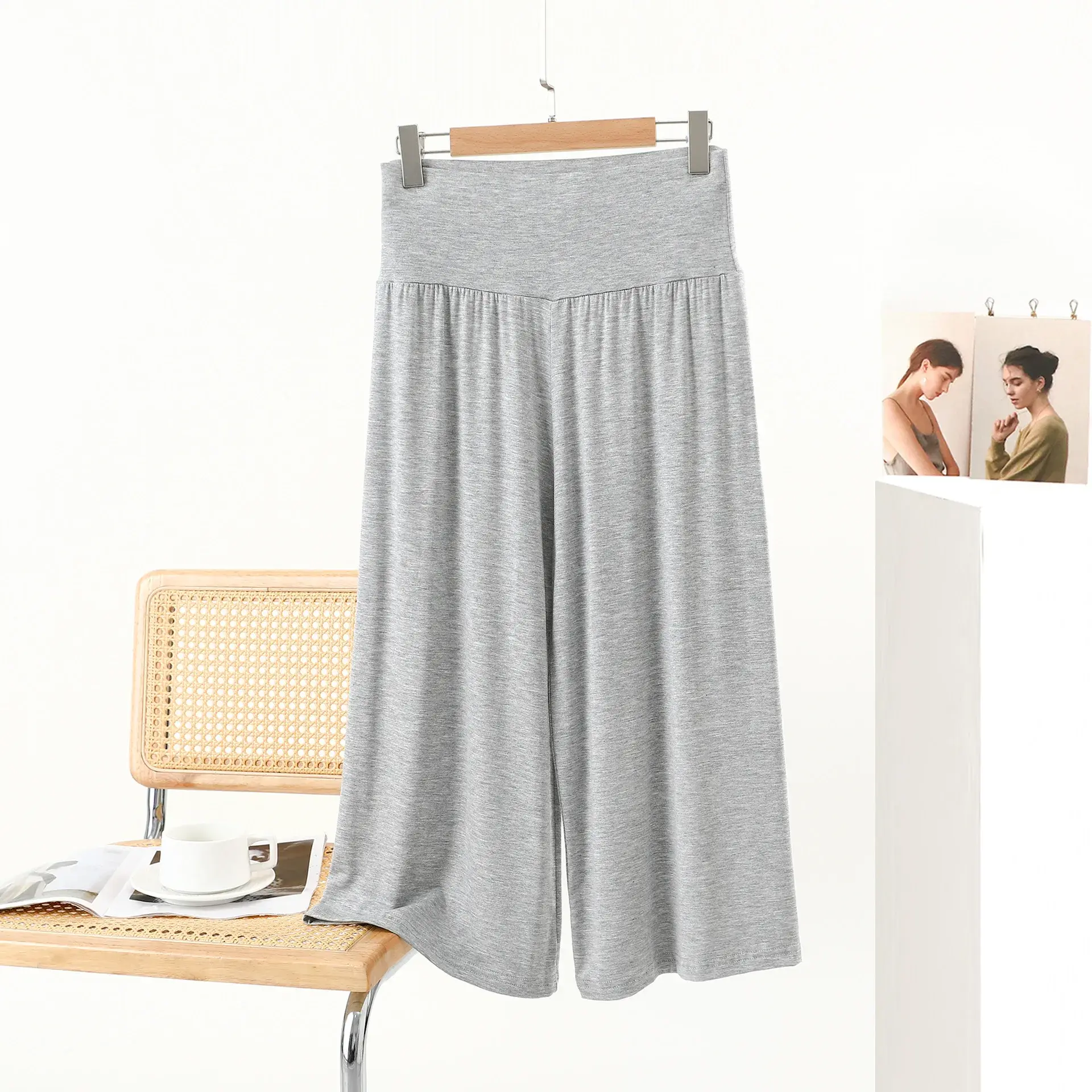 Summer Modal Plus Size Loose Wide Leg Pants, Korean Style High Waisted Slimming Cropped Casual Flowy Trousers