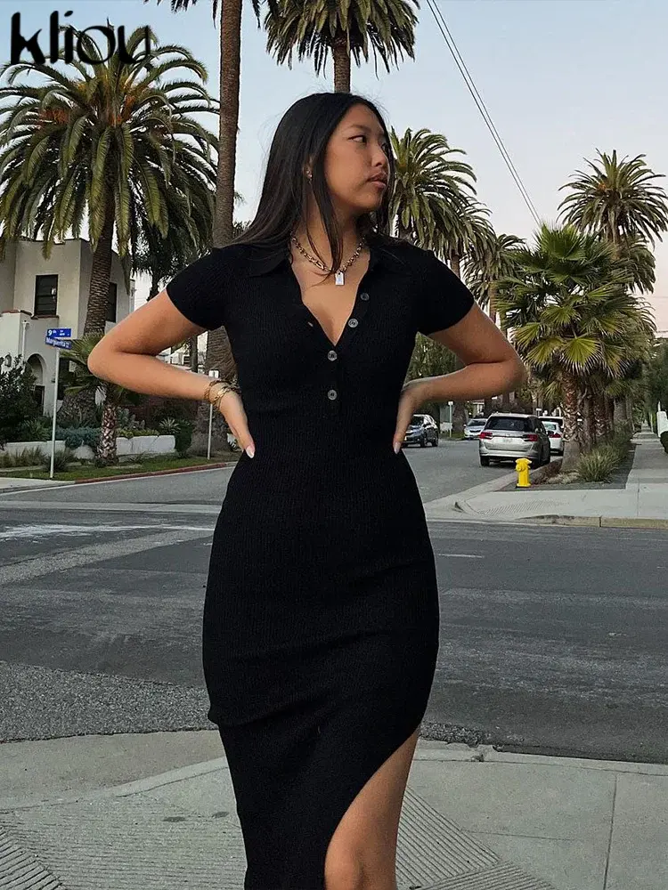 Elegant Office Lady Dress Women Solid Fashion Turn-down Collar Short Sleeve Button Side Slit Body-Shaping Street Robe