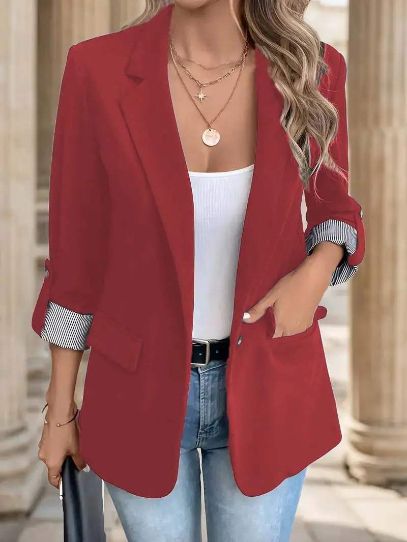 New women's casual and fashionable jacket with rolled sleeves and slim fit button up suit
