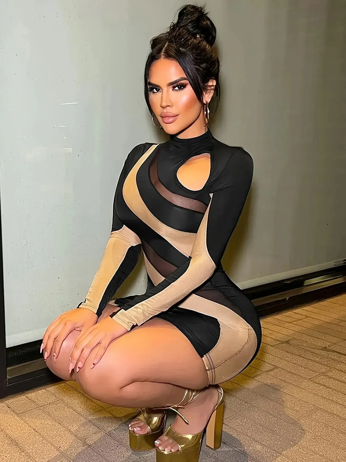 Women 2025 Spring Autumn Long Sleeve Party Club Streetwear Bodycon Black Mini Dress