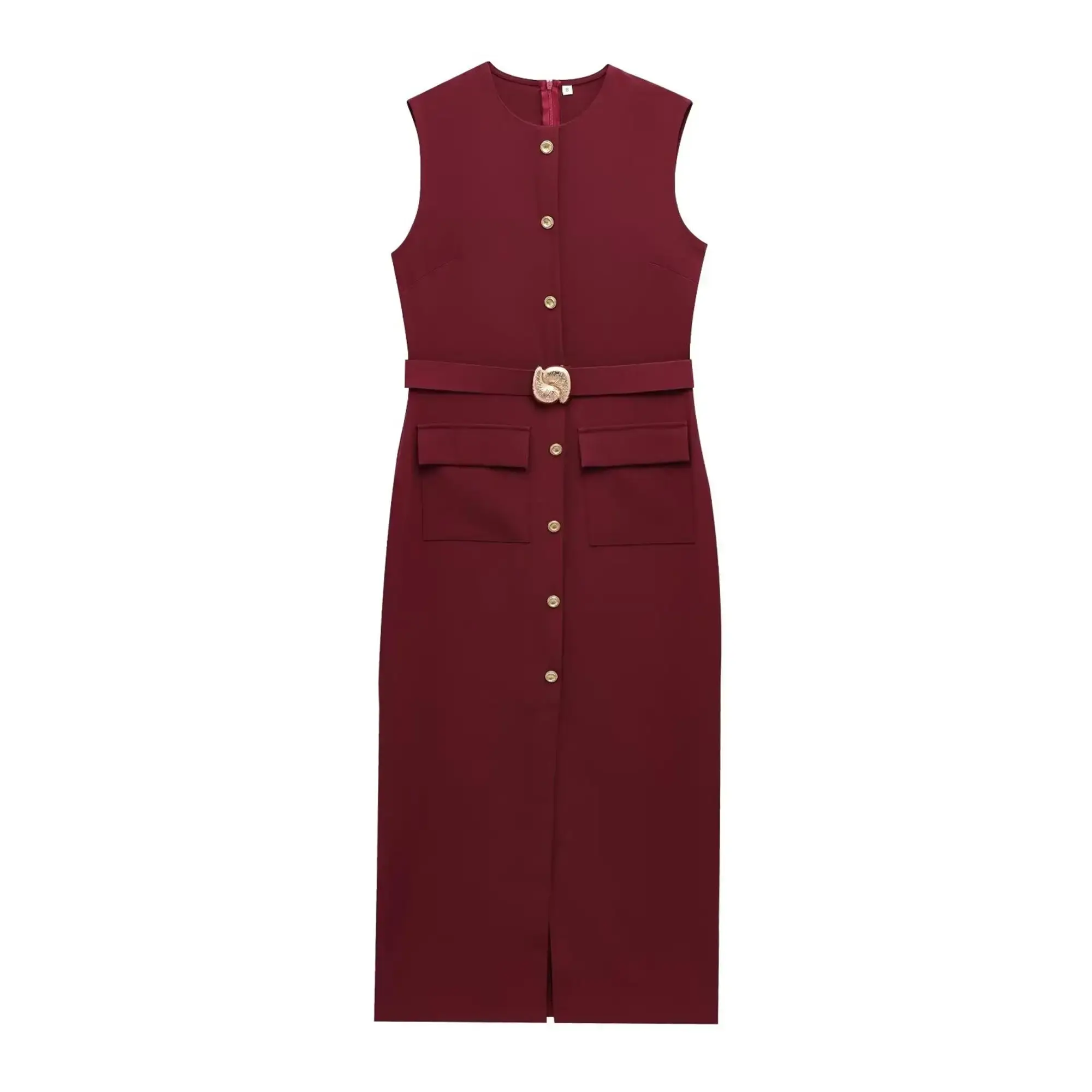 Elegant Women Midi Dress With Belt 2025 Summer O-neck Single Breasted Sleeveless Pocket Dresses Front Slit Solid Dress