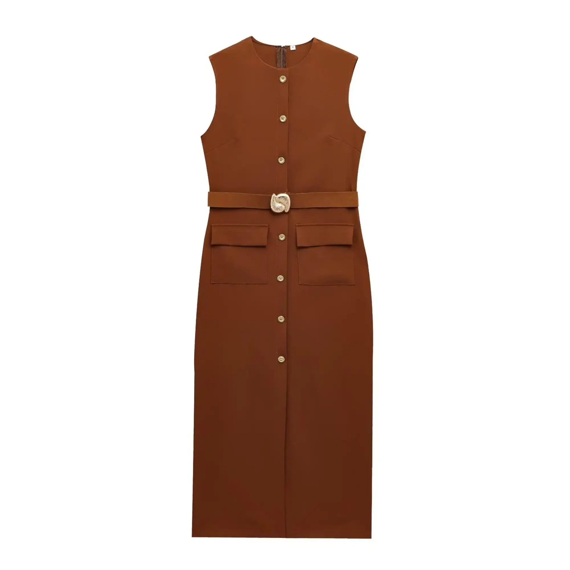 Elegant Women Midi Dress With Belt 2025 Summer O-neck Single Breasted Sleeveless Pocket Dresses Front Slit Solid Dress