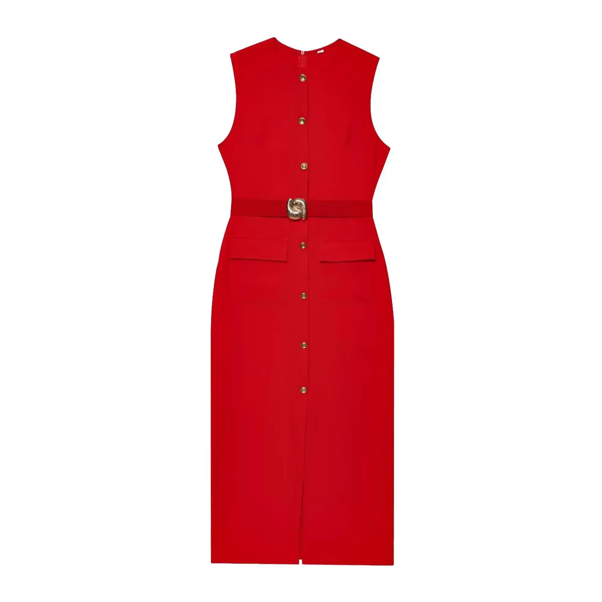 Elegant Women Midi Dress With Belt 2025 Summer O-neck Single Breasted Sleeveless Pocket Dresses Front Slit Solid Dress