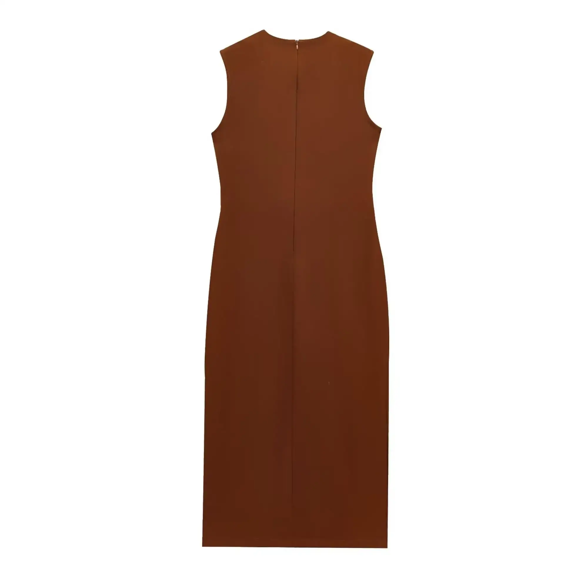 Elegant Women Midi Dress With Belt 2025 Summer O-neck Single Breasted Sleeveless Pocket Dresses Front Slit Solid Dress