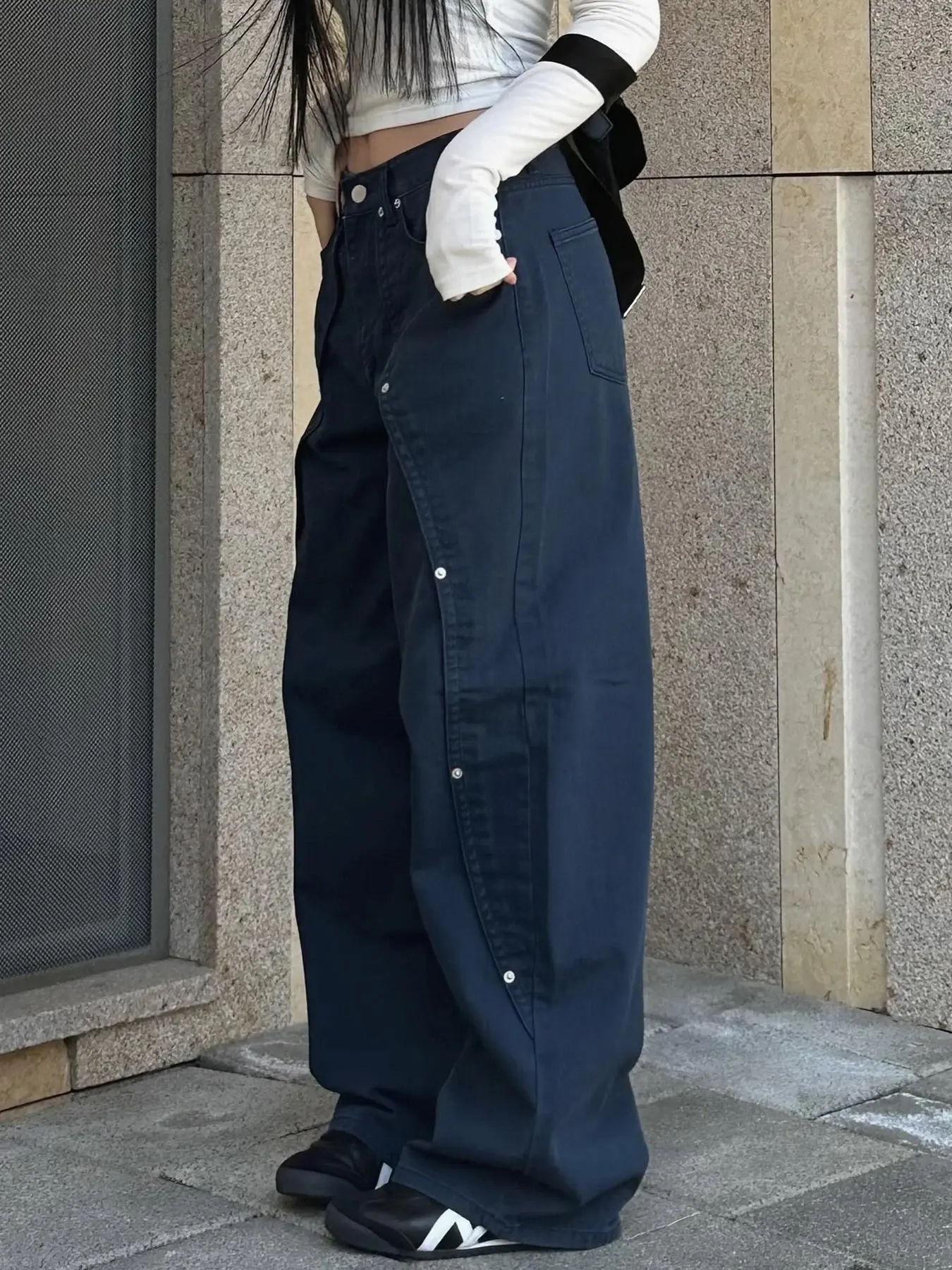 Casual Loose Rivet Jeans Wide Leg Pants Basic Low-Waisted Straight Pants Women 2025 Spring Autumn Streetwear Ladies