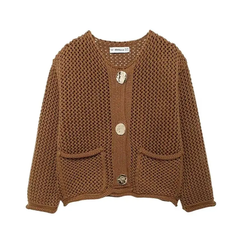 Women Fashion With Pockets Red Single Breasted Knitted Sweater Vintage O-Neck Long Sleeves Female Chic Lady Outfits