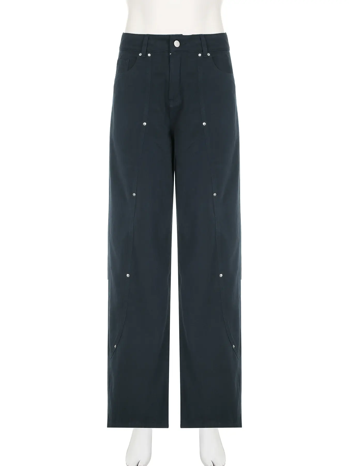 Casual Loose Rivet Jeans Wide Leg Pants Basic Low-Waisted Straight Pants Women 2025 Spring Autumn Streetwear Ladies
