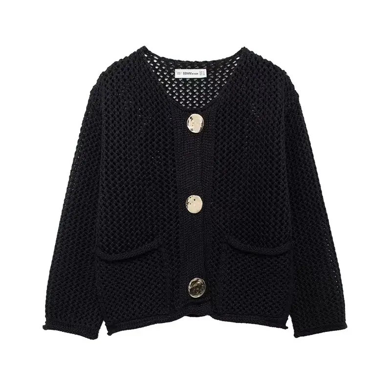 Women Fashion With Pockets Red Single Breasted Knitted Sweater Vintage O-Neck Long Sleeves Female Chic Lady Outfits