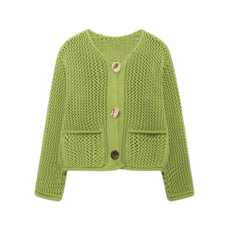 Women Fashion With Pockets Red Single Breasted Knitted Sweater Vintage O-Neck Long Sleeves Female Chic Lady Outfits