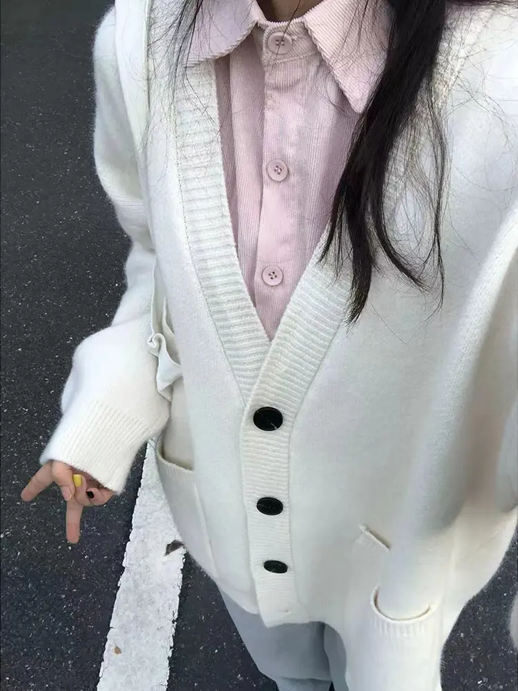Autumn Vintage Knitted Women Cardigan Harajuku V-Neck Long Sleeve Buttons Sweaters Female Sweet Warm All-Match Knit Coat