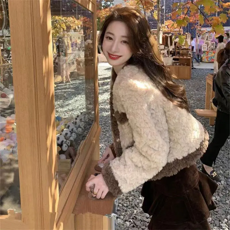 Lamb Wool Jackets for Women 2024 Autumn Winter Keep Warm Plush Short Outwear Ladies Elegant Contrast Loose Cotton Fur top
