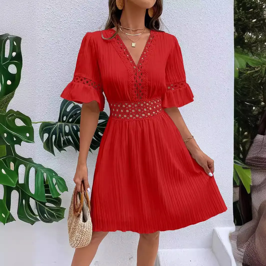Women's Dresses Spliced Lace V-neck Ruffle Half Sleeve Midi Dress High Waist Solid Color Fashion Casual Summer Breathable