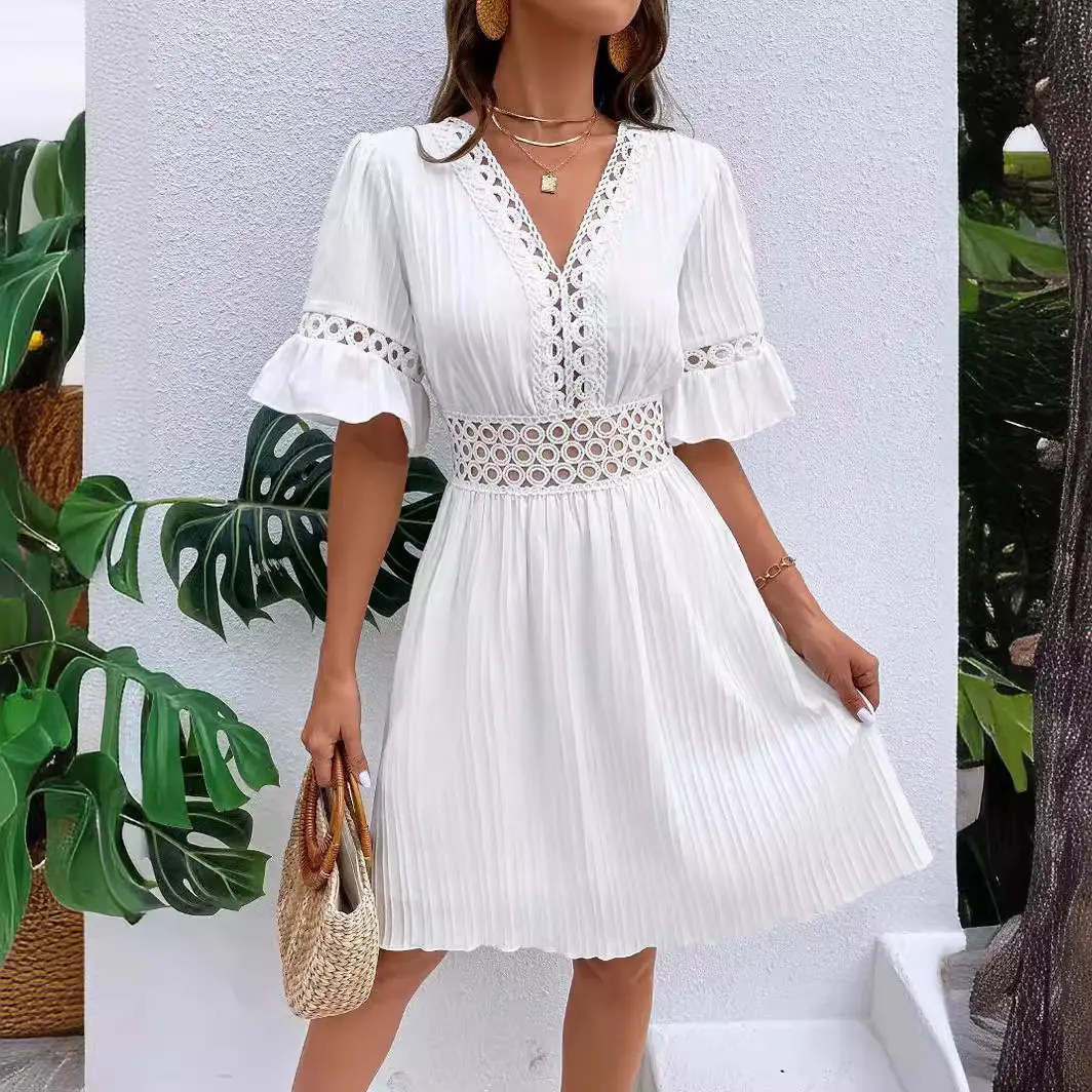 Women's Dresses Spliced Lace V-neck Ruffle Half Sleeve Midi Dress High Waist Solid Color Fashion Casual Summer Breathable