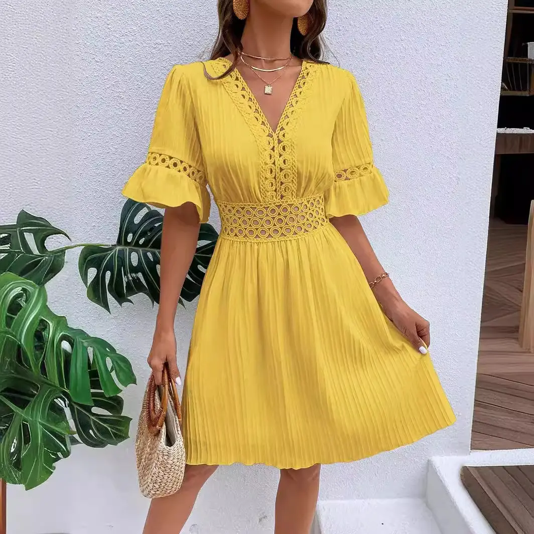 Women's Dresses Spliced Lace V-neck Ruffle Half Sleeve Midi Dress High Waist Solid Color Fashion Casual Summer Breathable