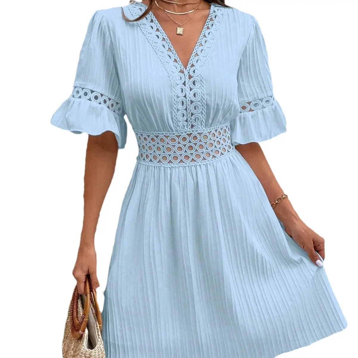 Women's Dresses Spliced Lace V-neck Ruffle Half Sleeve Midi Dress High Waist Solid Color Fashion Casual Summer Breathable
