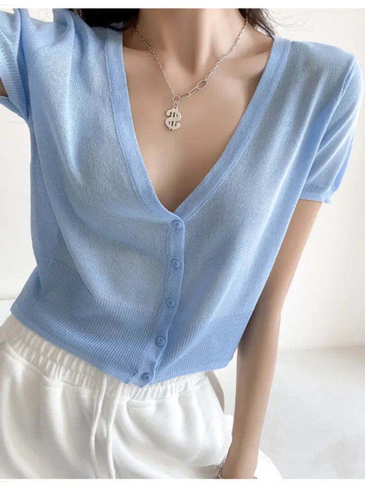Korean Fashion Jacket Ice Silk Knitted Women Sweater Casual Crop Short Sleeves Cardigan Knitwears Female Blouse Slim Fit Tops