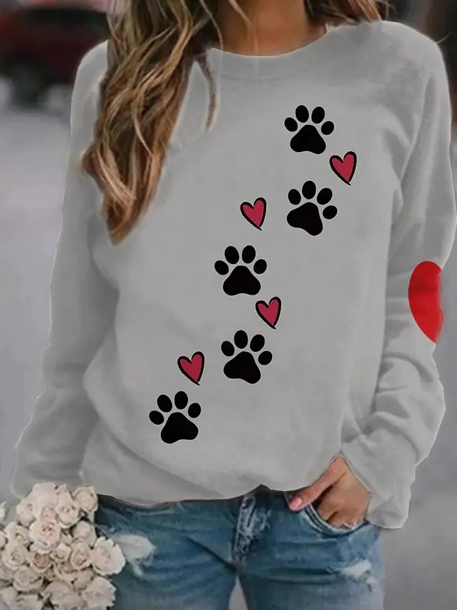 2024 European and American Autumn and Winter New Dog Claw Love 3D Printed Hoodie Round Neck Long Sleeve T-shirt Women's Wear