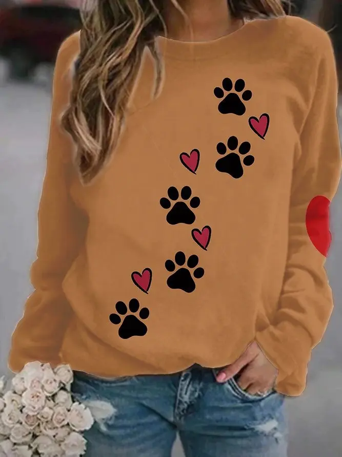 2024 European and American Autumn and Winter New Dog Claw Love 3D Printed Hoodie Round Neck Long Sleeve T-shirt Women's Wear