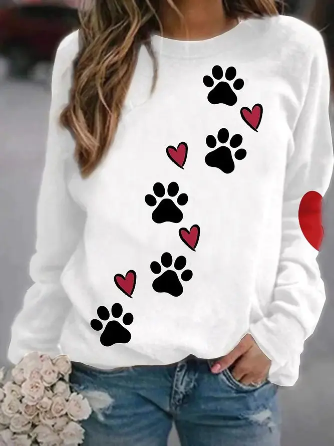 2024 European and American Autumn and Winter New Dog Claw Love 3D Printed Hoodie Round Neck Long Sleeve T-shirt Women's Wear