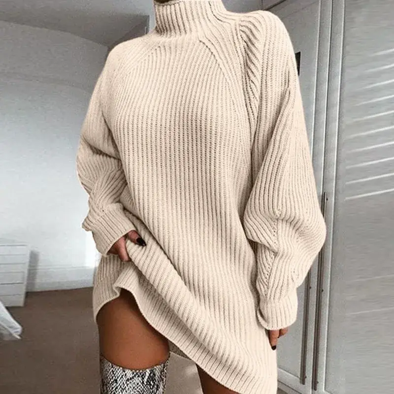 Women's Solid Color Loose Knitted Dress 2024 Autumn Winter New Dress Sweater Women Long Sleeve Turtleneck Pullover Dress Sweater