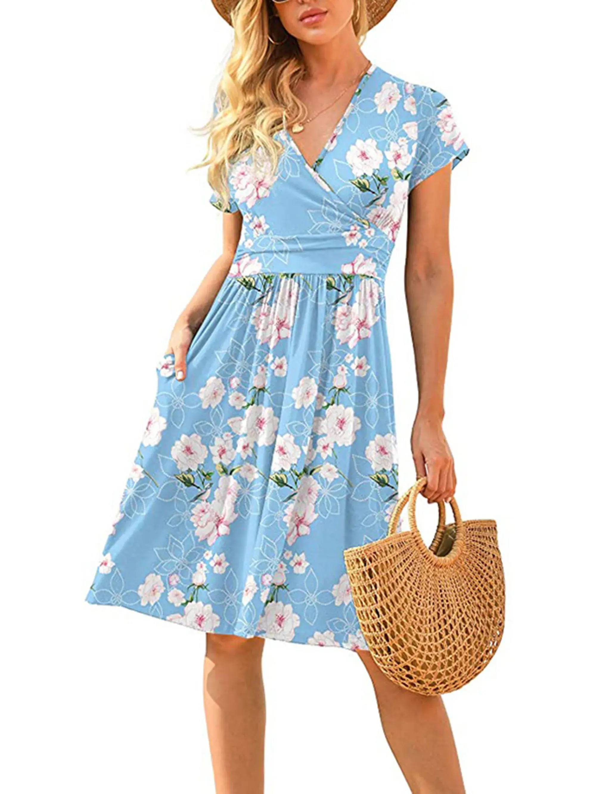 Spring/Summer New Women's Long Skirt V-neck Short Sleeve Pocket Printed Loose Dress in Europe and America