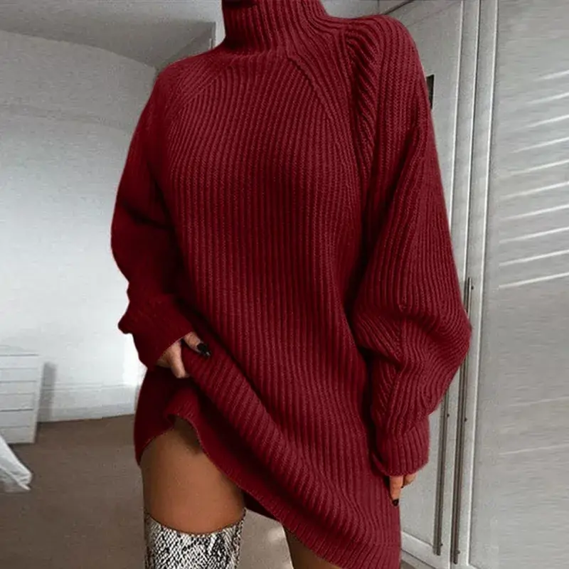 Women's Solid Color Loose Knitted Dress 2024 Autumn Winter New Dress Sweater Women Long Sleeve Turtleneck Pullover Dress Sweater
