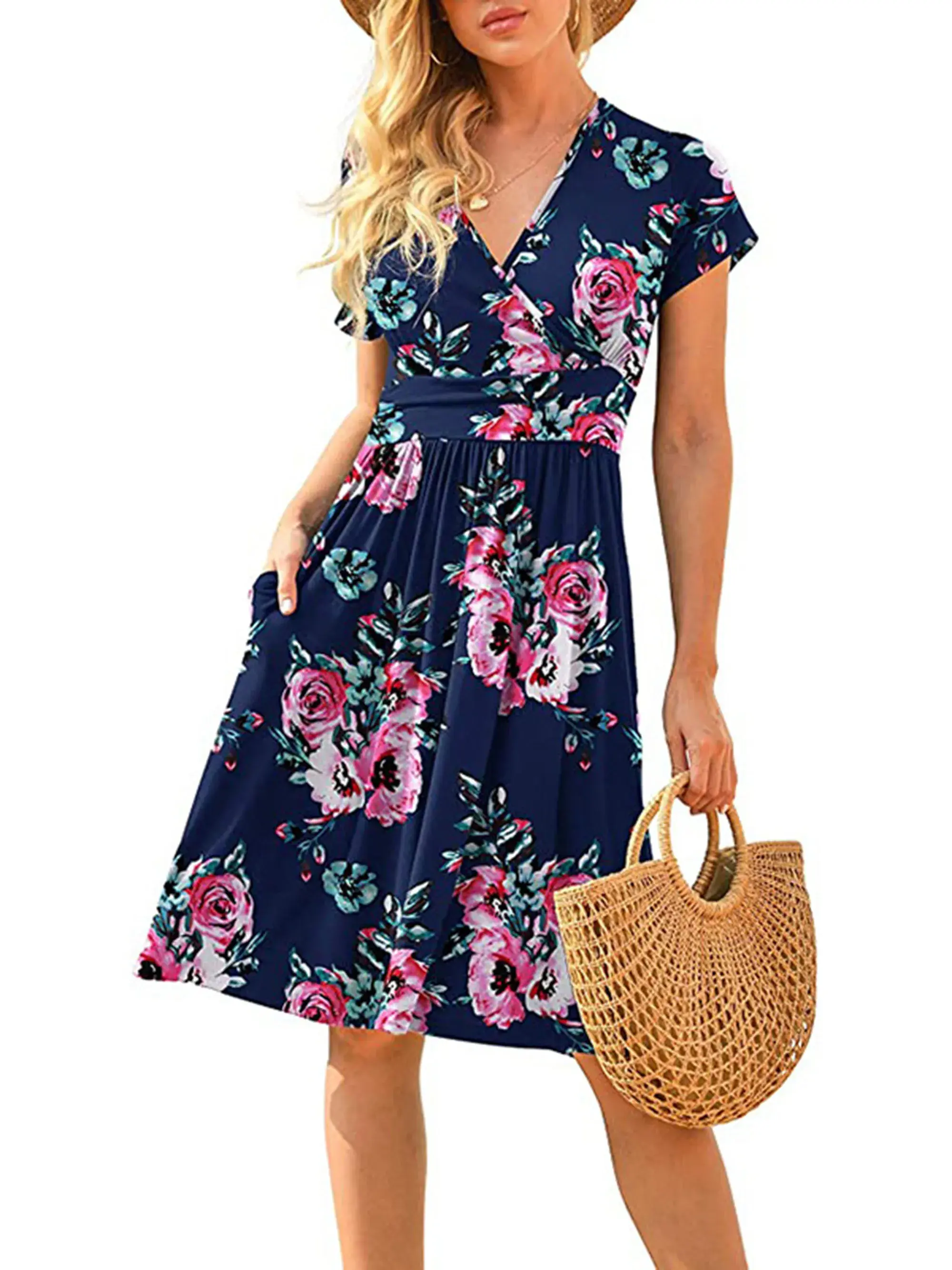 Spring/Summer New Women's Long Skirt V-neck Short Sleeve Pocket Printed Loose Dress in Europe and America