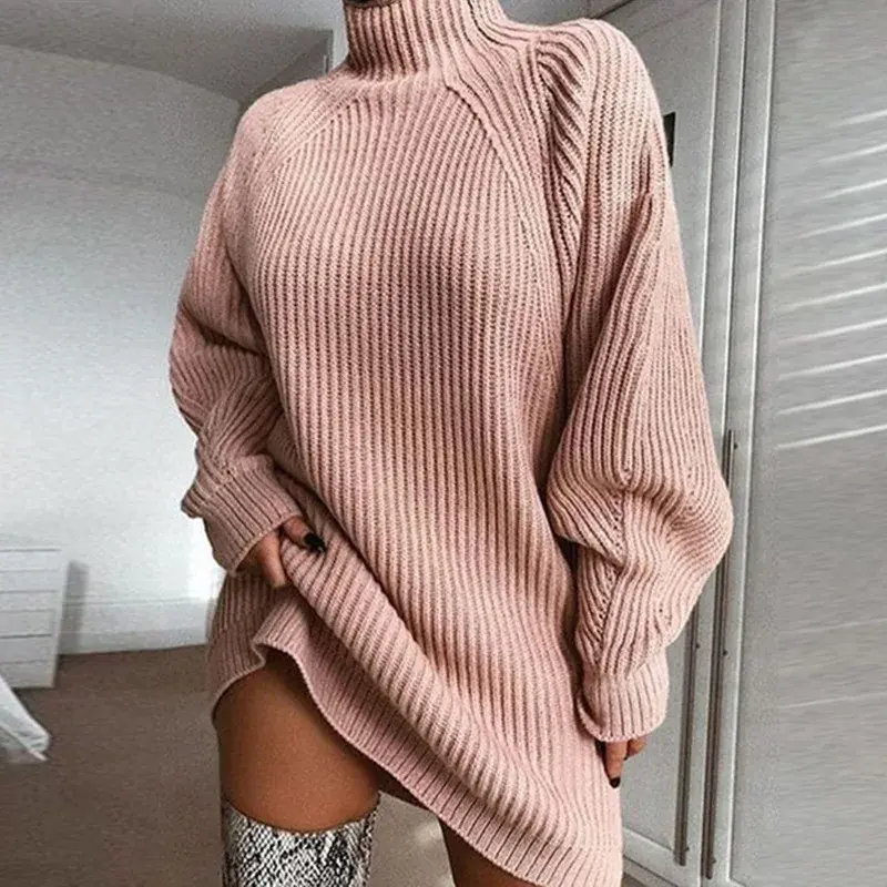 Women's Solid Color Loose Knitted Dress 2024 Autumn Winter New Dress Sweater Women Long Sleeve Turtleneck Pullover Dress Sweater