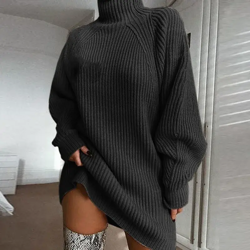 Women's Solid Color Loose Knitted Dress 2024 Autumn Winter New Dress Sweater Women Long Sleeve Turtleneck Pullover Dress Sweater