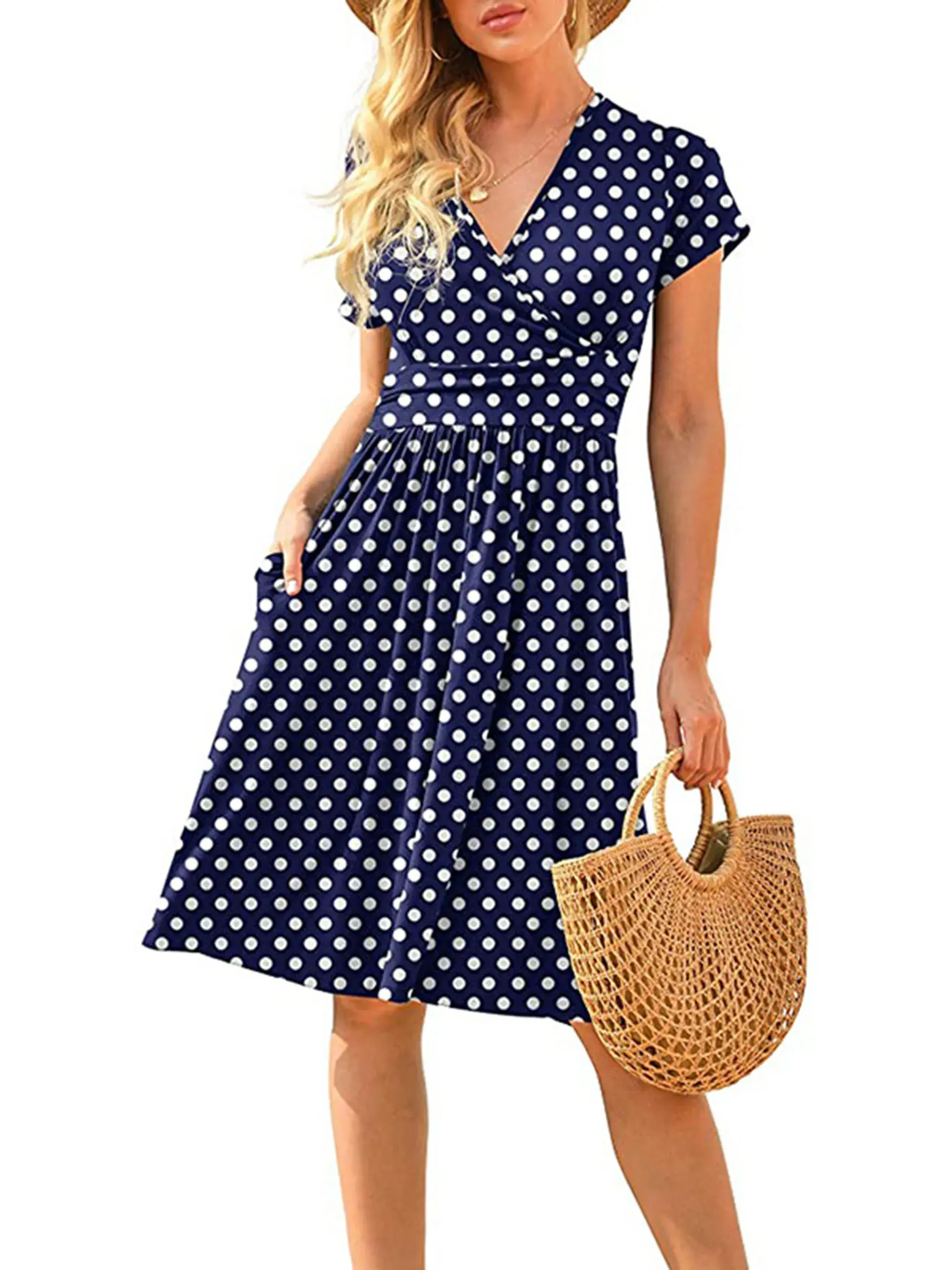 Spring/Summer New Women's Long Skirt V-neck Short Sleeve Pocket Printed Loose Dress in Europe and America