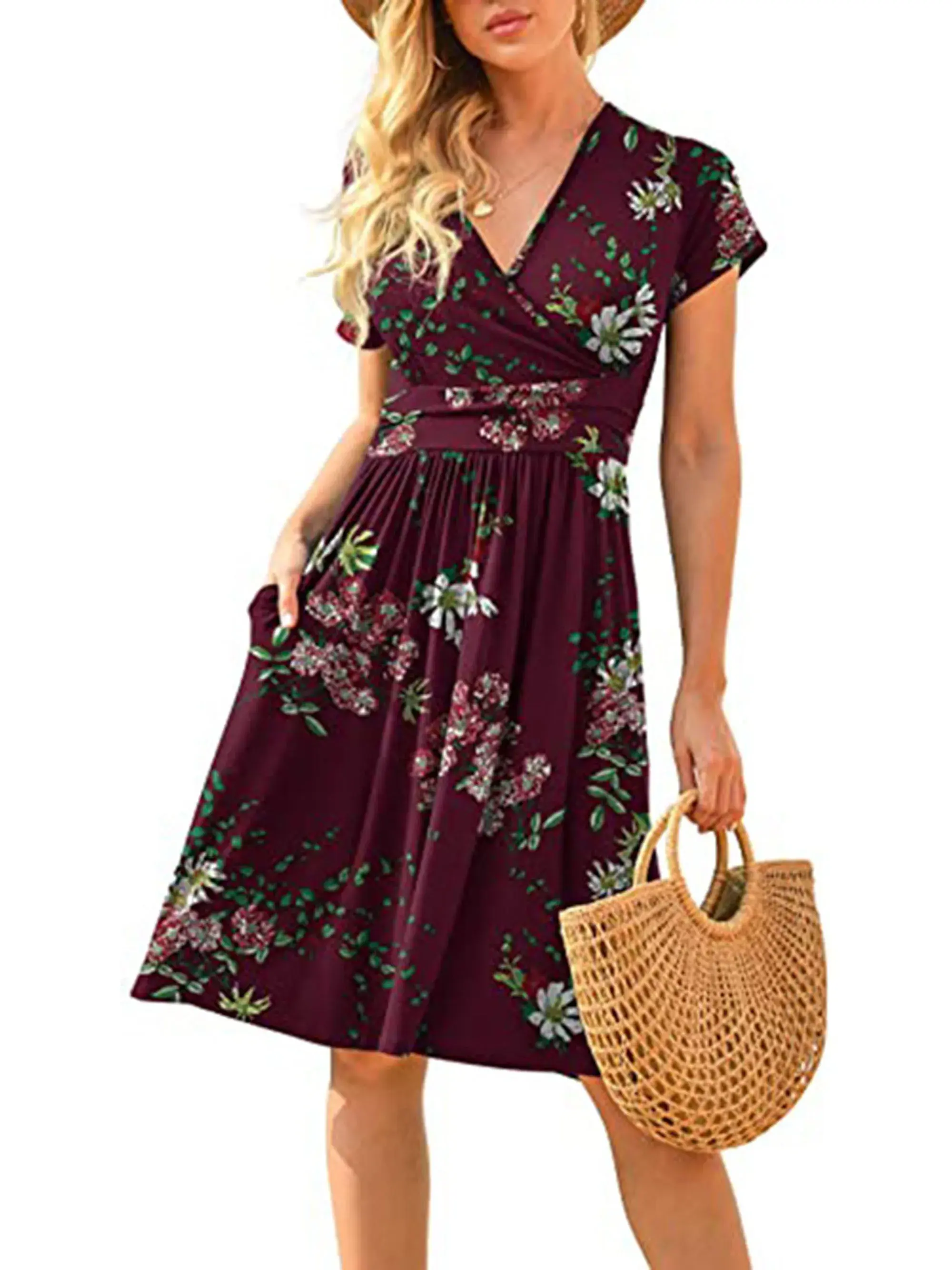 Spring/Summer New Women's Long Skirt V-neck Short Sleeve Pocket Printed Loose Dress in Europe and America