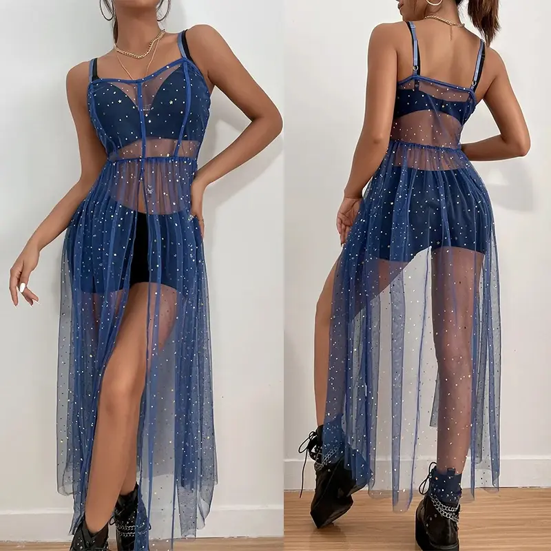 Women Shiny Sequined Cover Up Dress Casual Sleeveless Backless Sheer Mesh Loose Split Dress Summer Holiday  Beach Smock
