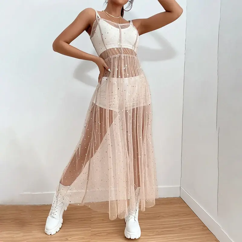 Women Shiny Sequined Cover Up Dress Casual Sleeveless Backless Sheer Mesh Loose Split Dress Summer Holiday  Beach Smock