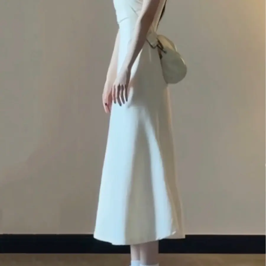 White square neck short sleeved dress for children's summer 2025 new style French temperament hip hugging long skirt