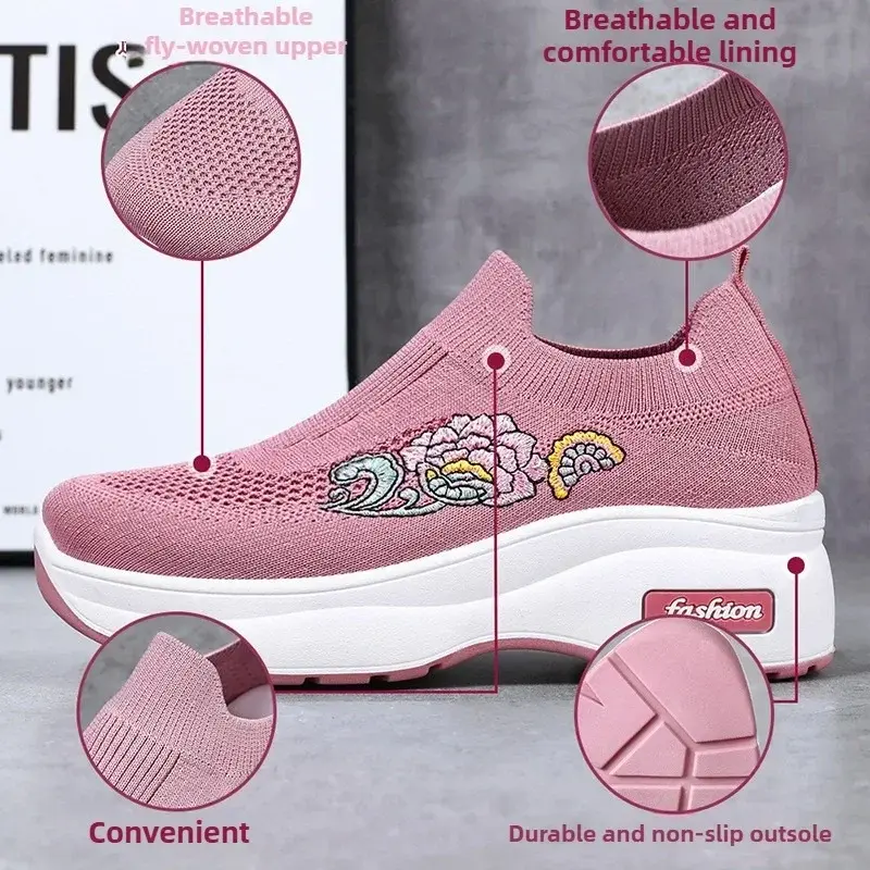 Spring new casual shoes embroidered peony women's height increasing shoes breathable socks women's shoes platform boots