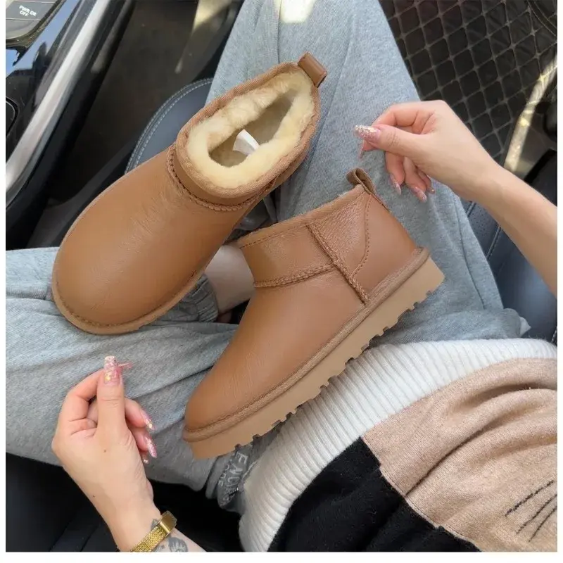 High quality wool women's boots, waterproof and glossy leather snow boots, pure wool warm high top low top flat bottom