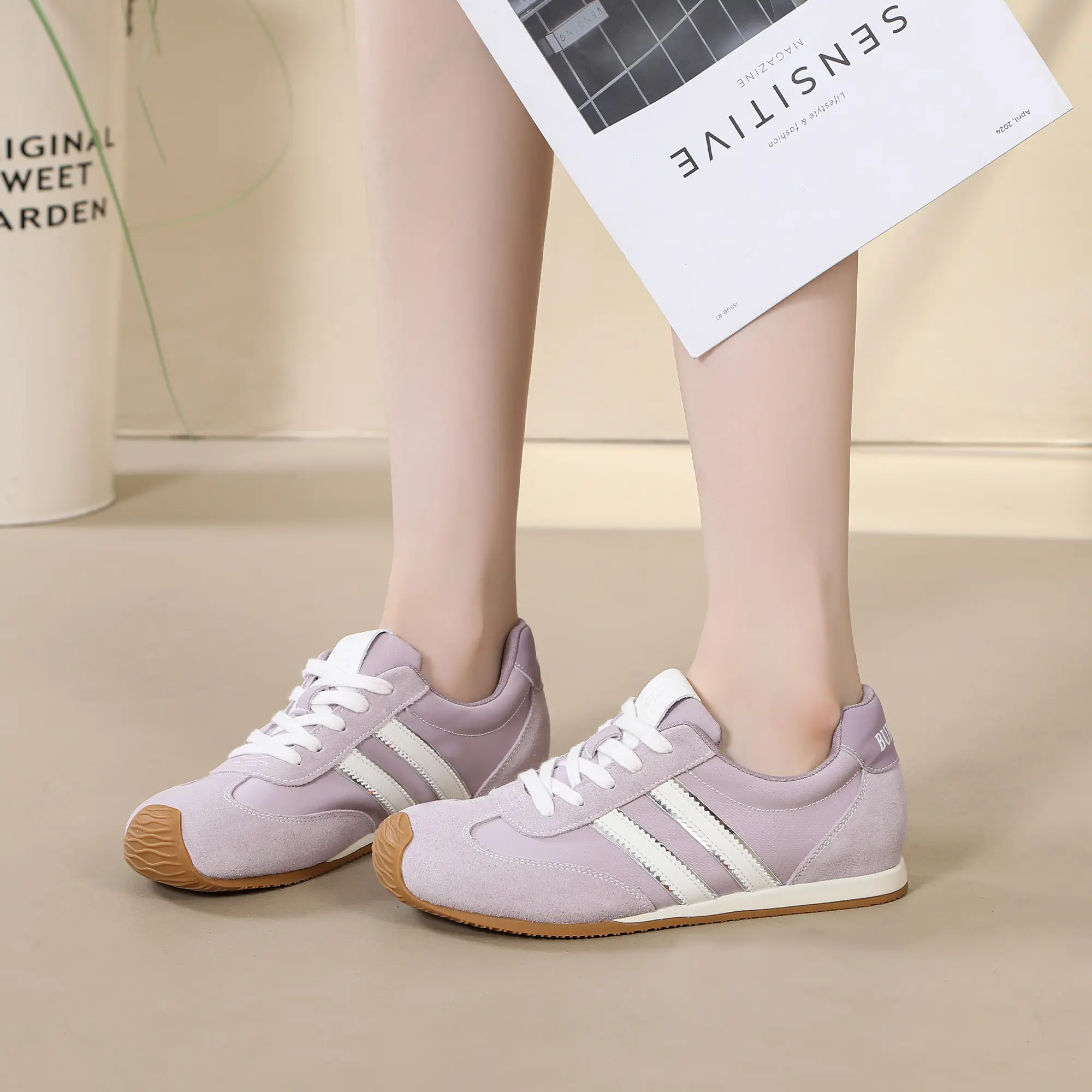 Comfortable Girl's Sweet StyleBallet Flats Genuine Leather Women's Shoes  Pink Forrest Gump Retro Design Summer Casual Shoes