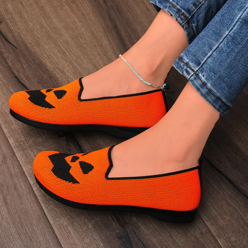 2024 New Women's Shoes Halloween Pumpkin Casual Flat Shoes Single Lightweight, Breathable, Fashionable Cloth Shoes