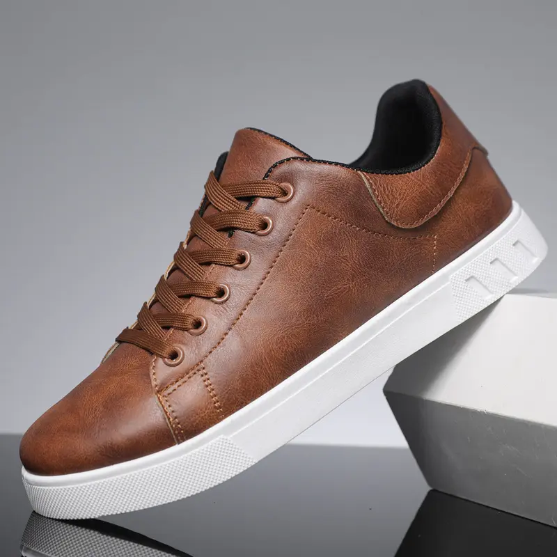 Men Sports Shoes Brown Leather Vulcanized Shoe Fashion Versatile Solid Color Running Shoes for Man Plus Size 45 Sneakers
