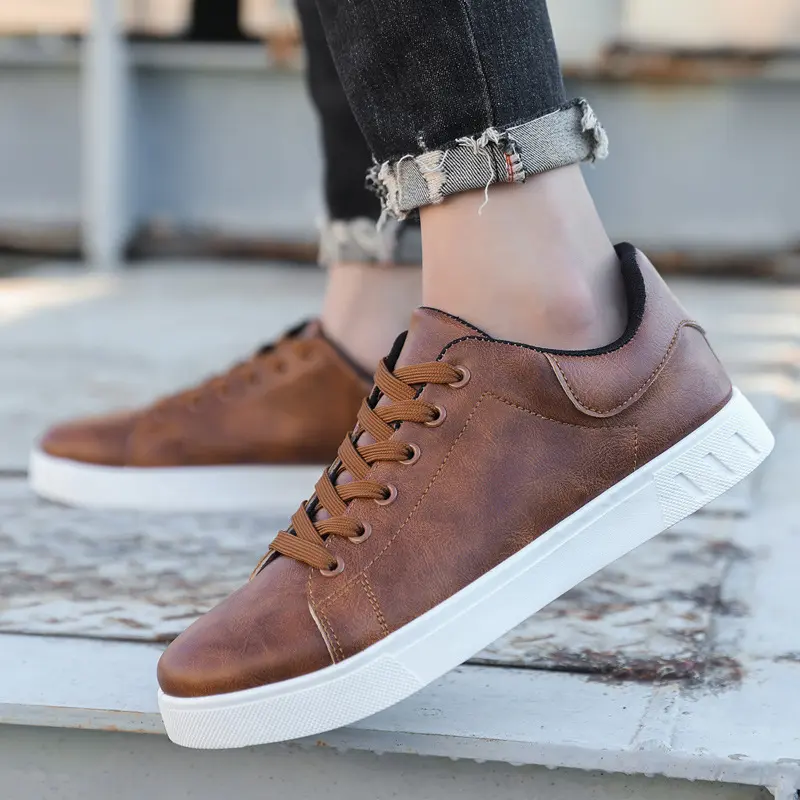 Men Sports Shoes Brown Leather Vulcanized Shoe Fashion Versatile Solid Color Running Shoes for Man Plus Size 45 Sneakers