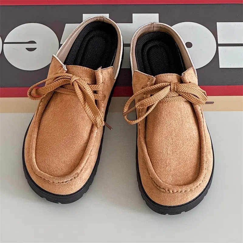 Fashion Brown Casual Slippers for Men Suede Leather Loafers Platform Slip-on Men's Driving Shoes Lightweight Leisure Men Shoes