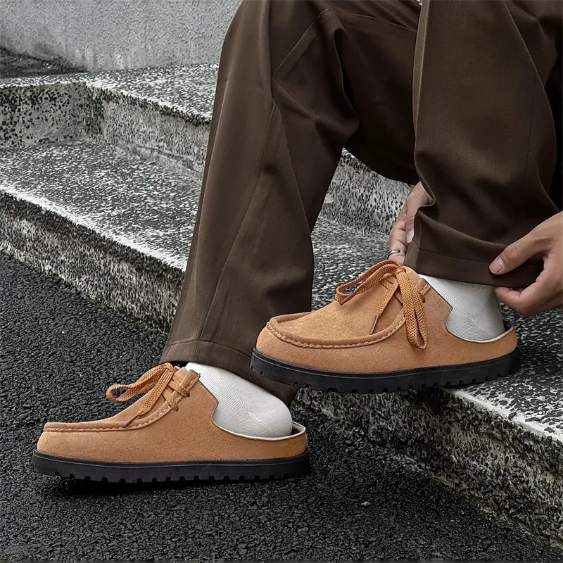 Fashion Brown Casual Slippers for Men Suede Leather Loafers Platform Slip-on Men's Driving Shoes Lightweight Leisure Men Shoes