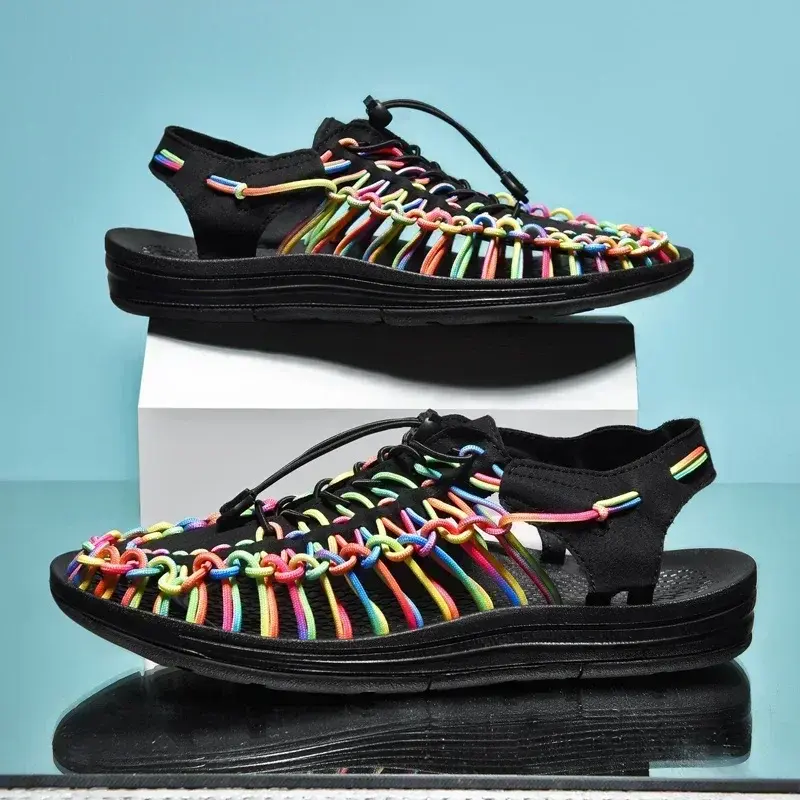 Women Slippers Non-Slip Outdoor Hiking Shoes Zapatos Hombre Woven Colorful Sandals 2024 Summer Men Casual Breathable Mesh Shoes